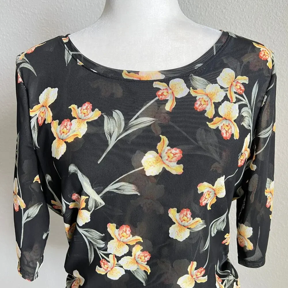 White House Black Market Black Floral Ruched Side Top Women's L Sheer Mesh Layer - Picture 2 of 8